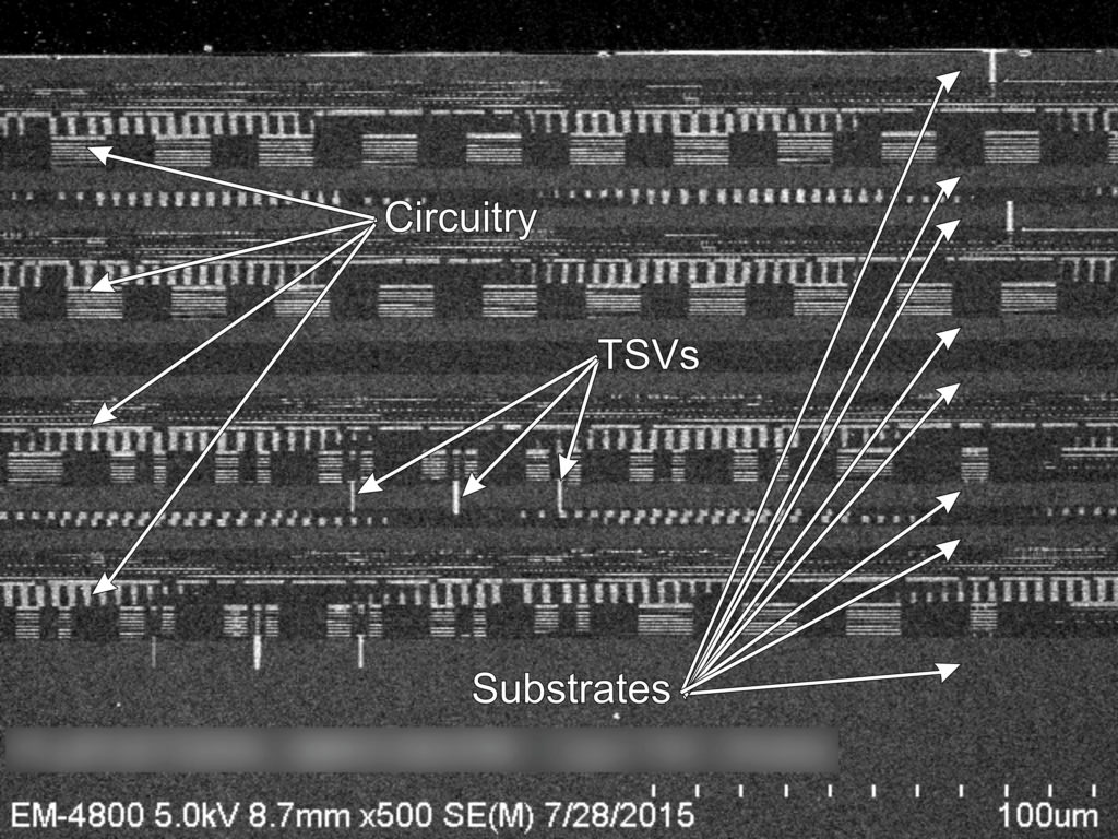 Cross-section of an eight-wafer stack (scanning electron microscope)